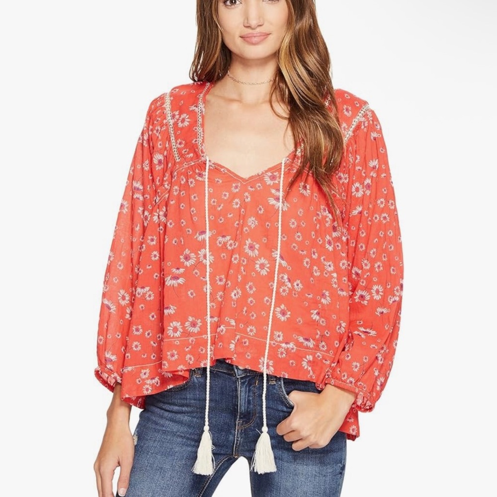 FREE PEOPLE Never A Dull Moment Blouse Cotton‎ Red Floral Size Small Boho
